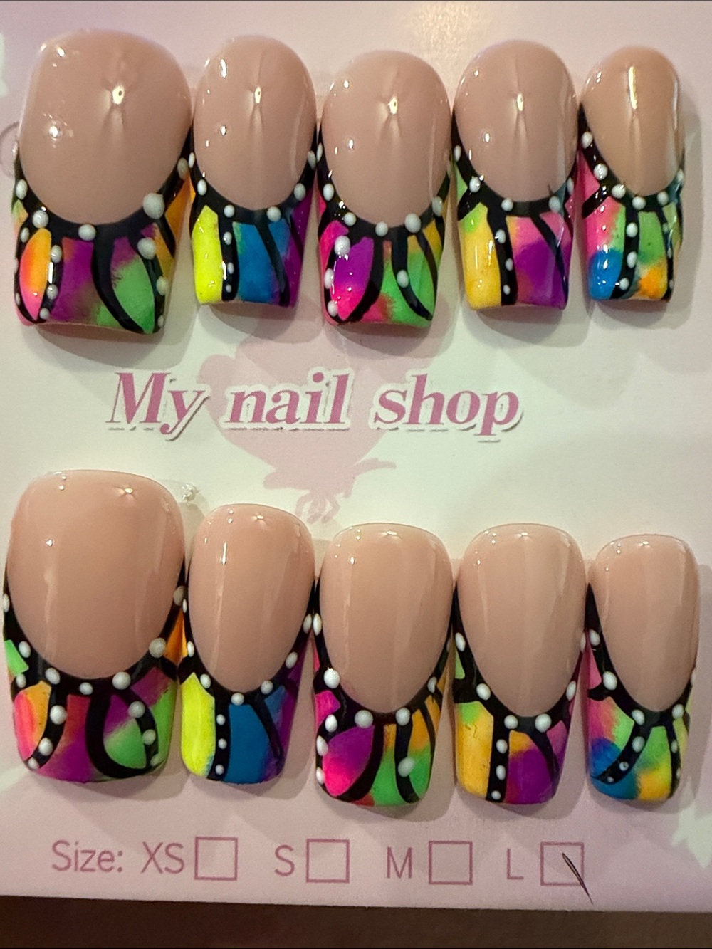 Neutral Nude Press-On Nails with Multicolor butterfly design French tip